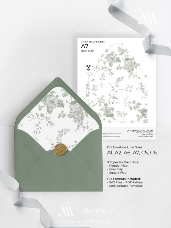 Alternative view of Vintage Green Envelope Liners Template | Monogram Wedding Envelope Liners | A7 Envelope Liner Template