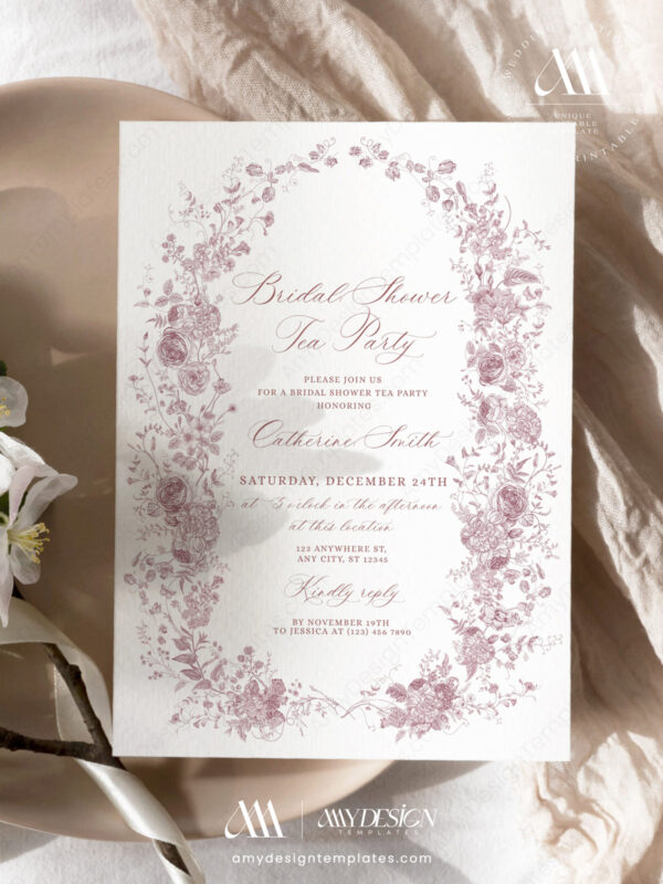 Floral Pink Bridal Shower Invitation Template | Editable Tea Party Invite Printable Card