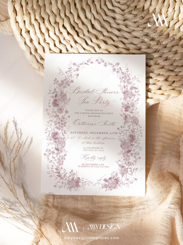 Floral Pink Bridal Shower Invitation Template | Editable Tea Party Invite Printable Card