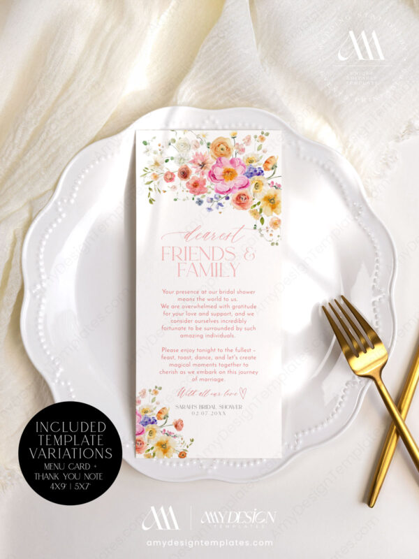 Thank You Place Setting Menu Card Template | Bright Floral Wedding Printable | Napkin Menu Thank You