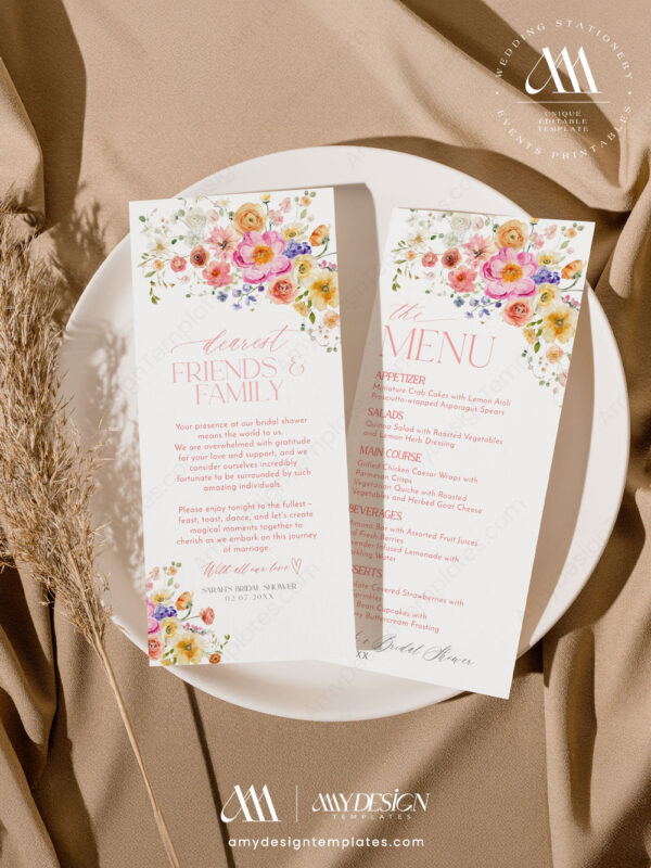Thank You Place Setting Menu Card Template | Bright Floral Wedding Printable | Napkin Menu Thank You