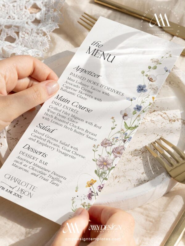 Elegant Wedding Menu Template | Minimalist Wedding Menu Card | Wildflower Menu Card Printable