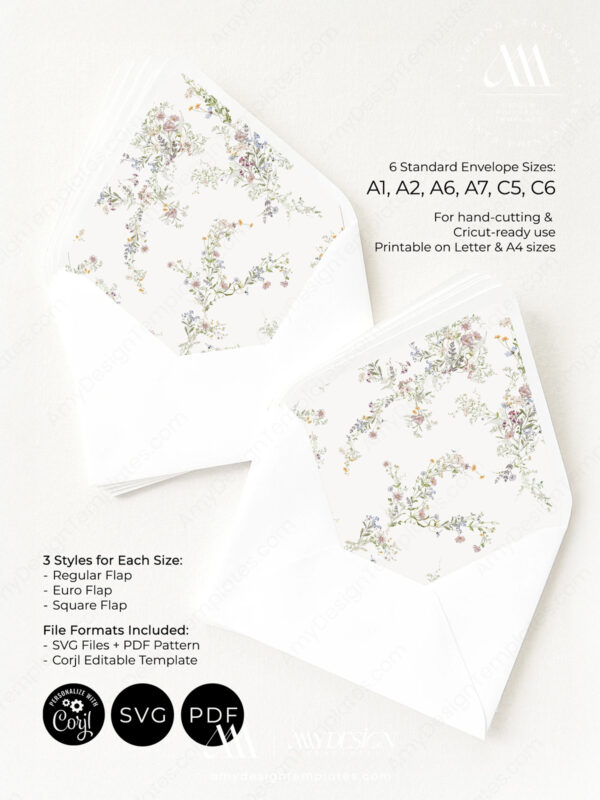 Envelope Liner A7 Wedding Template | Wildflower Envelope Liner Printable Template | Digital Download