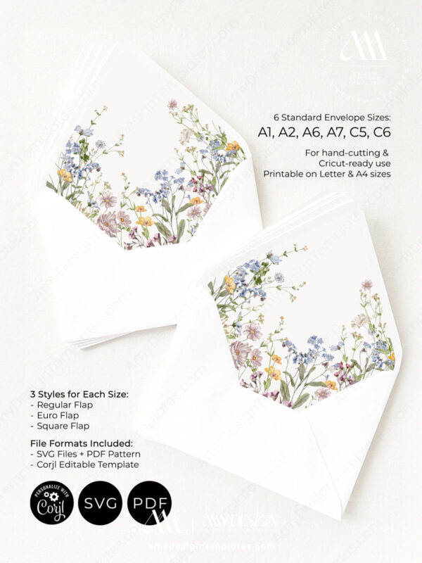 Free DIY Envelope Liner Template (A1–A7) | Wedding Envelope Liners + A7 Flap SVG D002 Wildflower Envelope Liner Template Amy Design 4