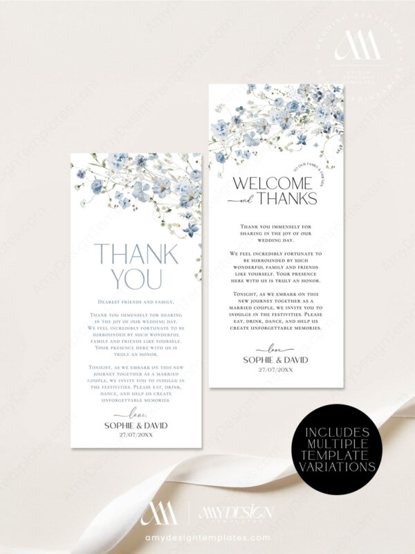 Blue Floral Thank You Place Card Template | Printable Menu Thank You Card Instant Download | Wildflower Wedding Themed