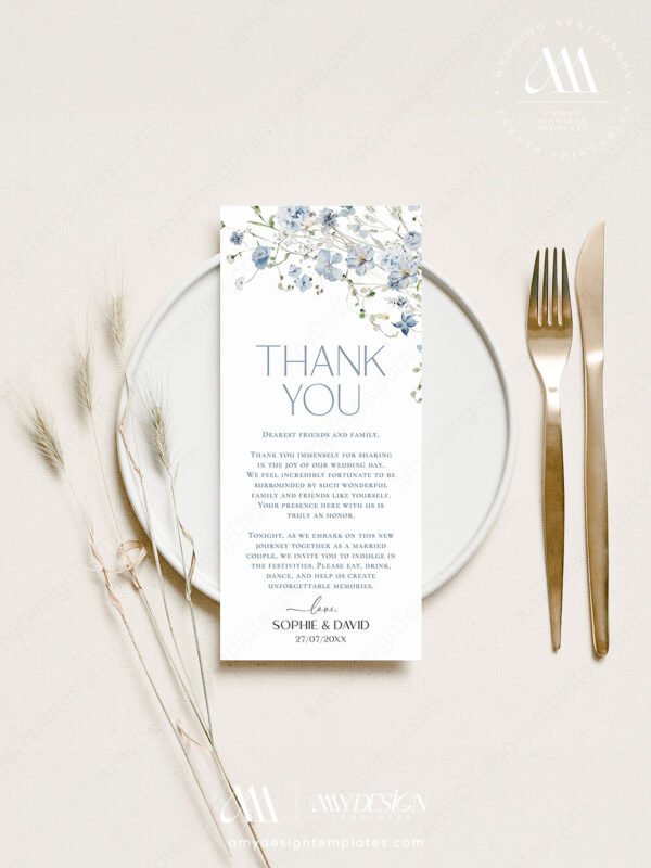 Blue Floral Thank You Place Card Template | Printable Menu Thank You Card Instant Download | Wildflower Wedding Themed