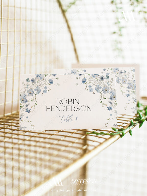 Blue Wildflower Place Card Template | Printable Wedding Guest Name Card | Personalized Name Tags