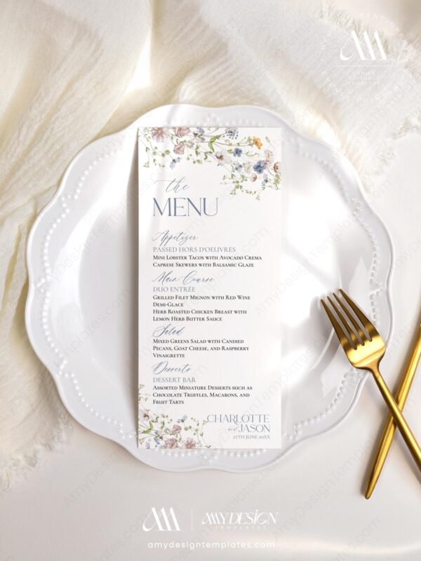Elegant Wildflower Wedding Bundle Template | 50+ Templates for Invitations, Signage & Reception Elegant Wildflower Wedding Bundle Template | Dessert Menu
