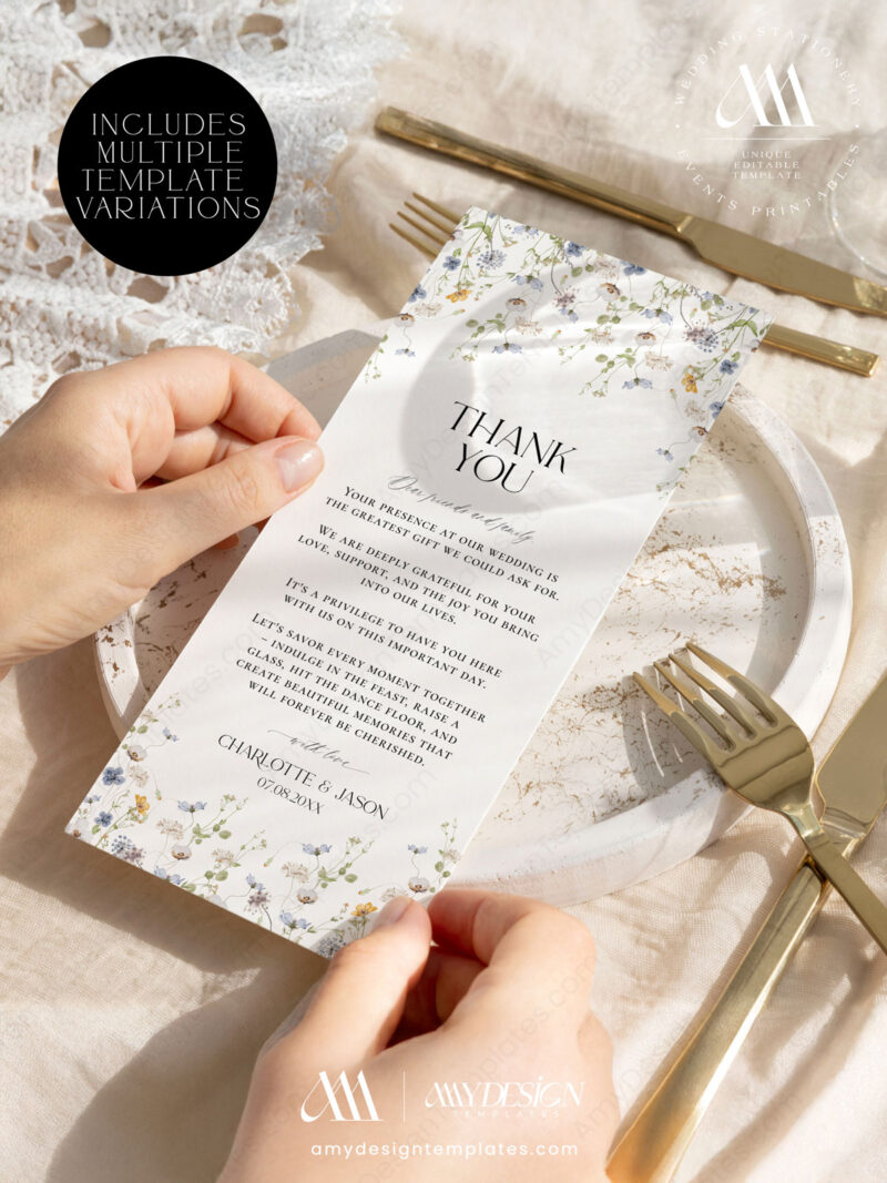 Notepage Wedding Wildflower Wedding Napkin Note Template | Printable Thank You Place ...