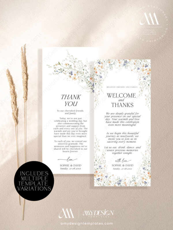 Printable Menu Thank You Template | Wildflower Wedding Napkin Menu Cards | Place Setting Thank You Note