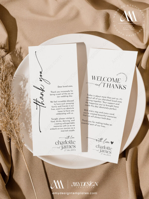 Printable Menu Thank You Place Card Template Printable | Place Setting Menu Card | Minimalist Menu Place Cards | Wedding Table Decor