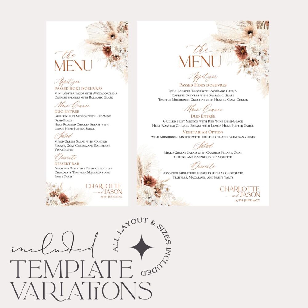 Boho Wedding Menu Template | Boho Floral Wedding Menu | Pampas Grass ...