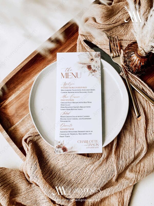 Rustic Boho Wedding Menu Template Printable | Bohemian Floral Wedding Menu | Pampas Grass Menu Terracotta | Menu Editable