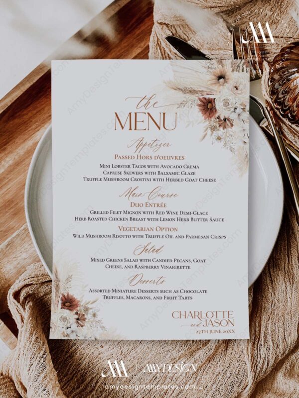 Alternative view of Rustic Boho Wedding Menu Template Printable | Bohemian Floral Wedding Menu | Pampas Grass Menu Terracotta | Menu Editable