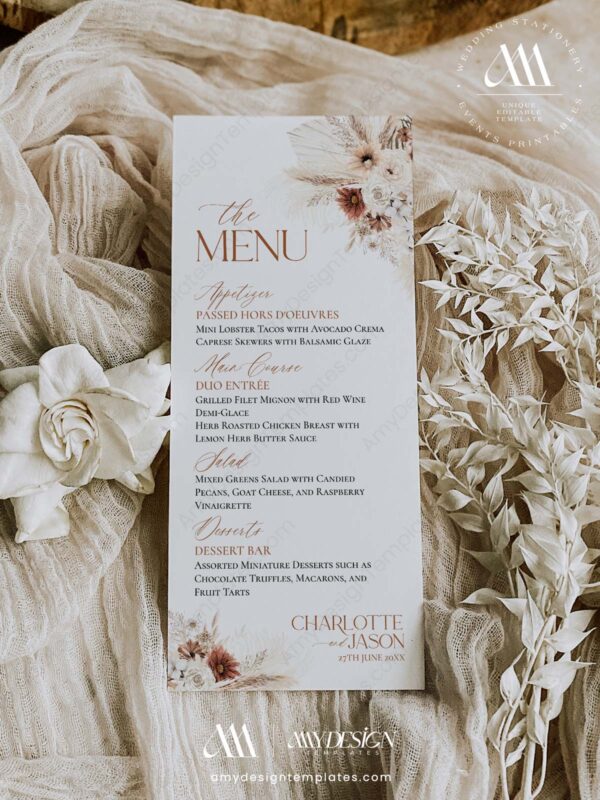 Bohemian Pampas Wedding Template BUNDLE | Invitation Suite & Reception Signs Templates 50+ Bohemian Pampas Wedding Template BUNDLE | Wedding Menu