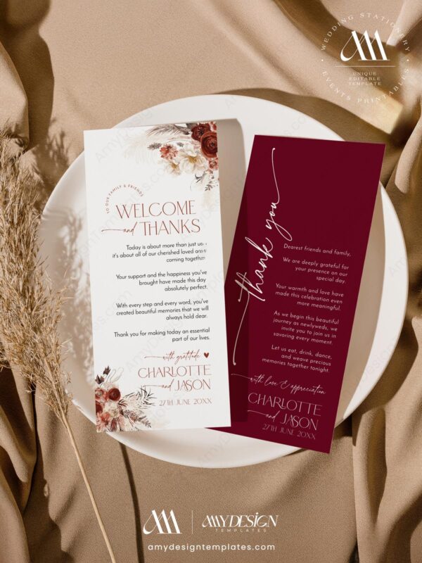 Burgundy Wedding Menu Thank You Card Template | Boho Wedding Napkin Note Printable Cards