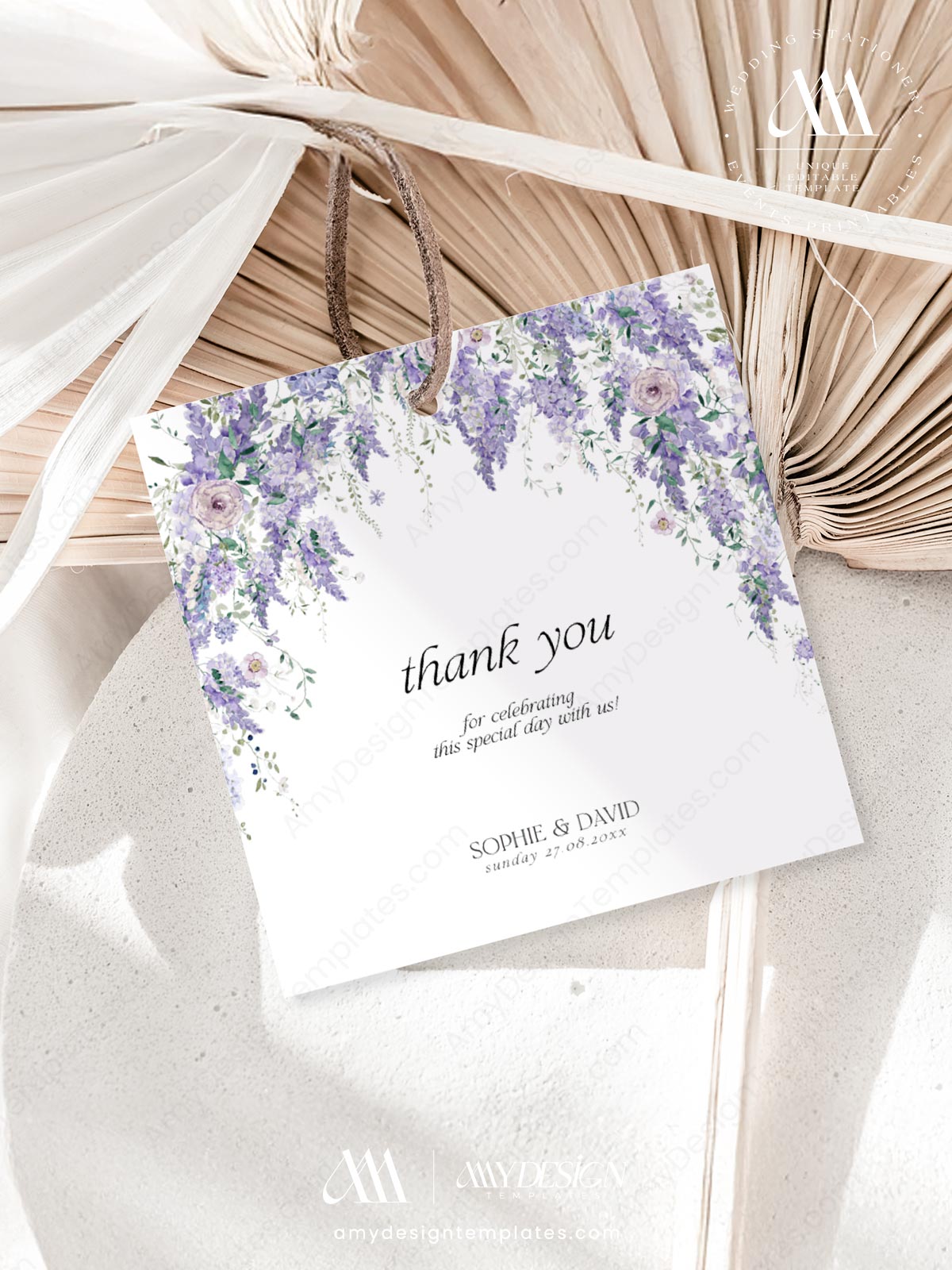 Wisteria Floral Wedding Favor Tags Editable | Purple Thank You Labels Printable Instant Download