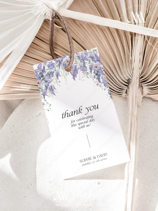 Wisteria Floral Wedding Favor Tags Editable | Purple Thank You Labels Printable Instant Download