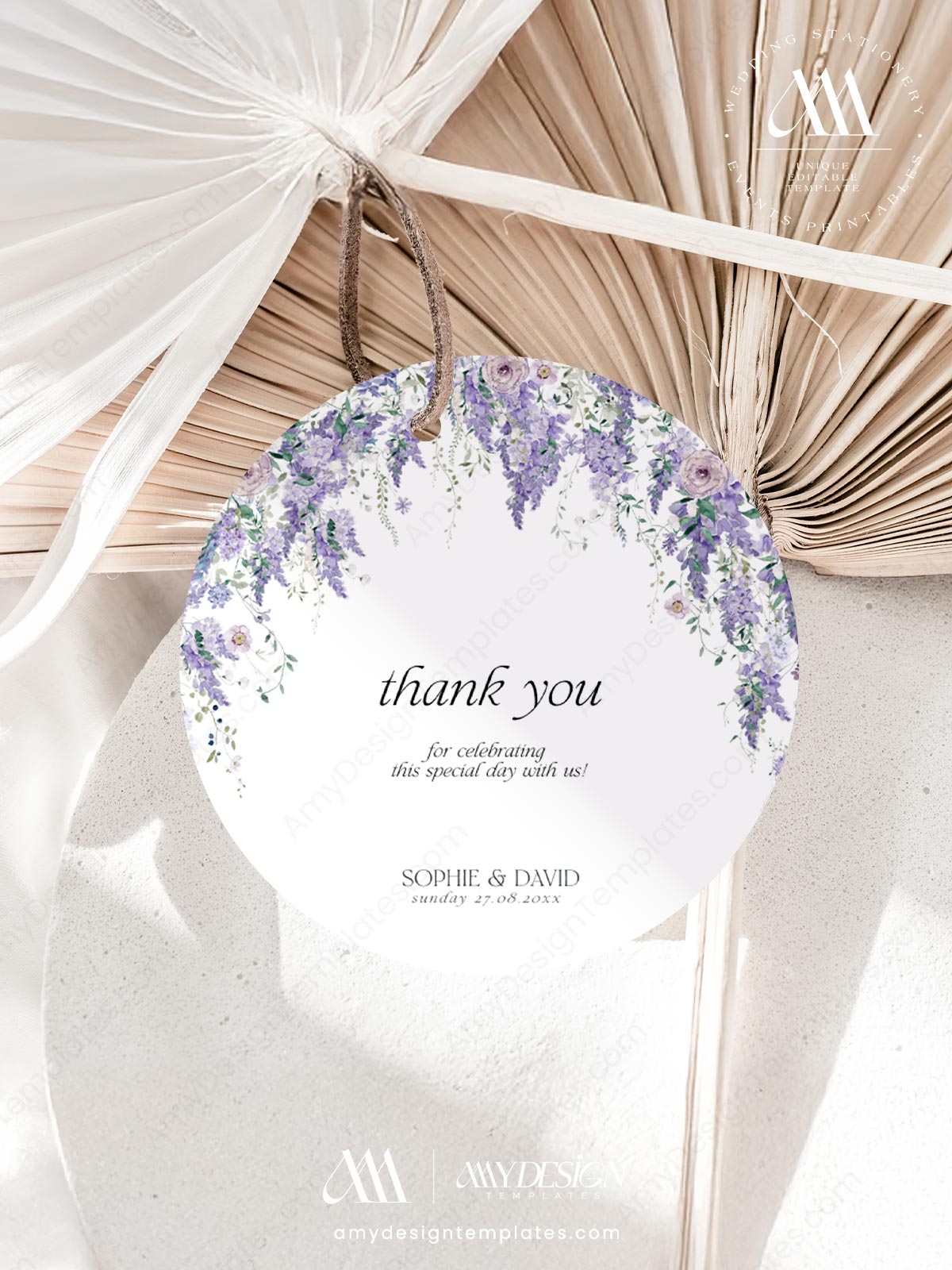 Wisteria Floral Wedding Favor Tags Editable | Purple Thank You Labels Printable Instant Download
