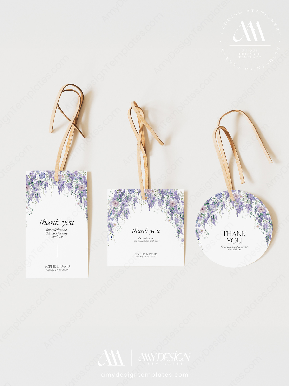 Wisteria Floral Wedding Favor Tags Editable | Purple Thank You Labels Printable Instant Download
