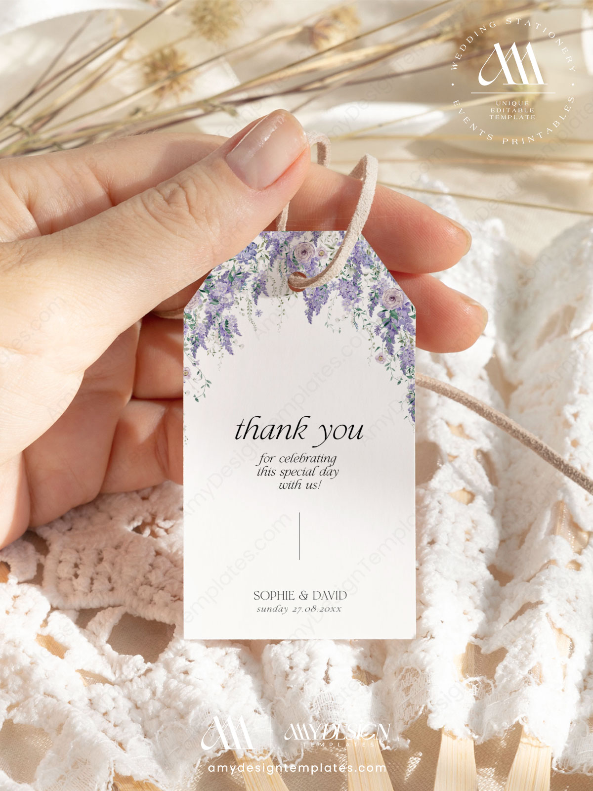 Wisteria Floral Wedding Favor Tags Editable | Purple Thank You Labels Printable Instant Download