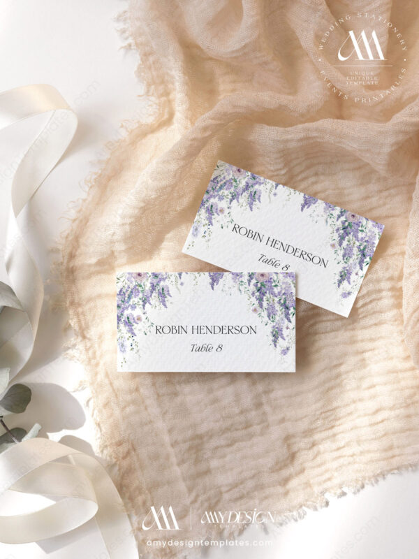 Alternative view of Wisteria Wedding Place Card Template | Purple Floral Guest Name Card | Wedding Guest Tag