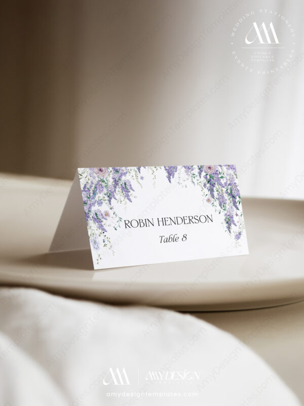Wisteria Wedding Place Card Template | Purple Floral Guest Name Card | Wedding Guest Tag