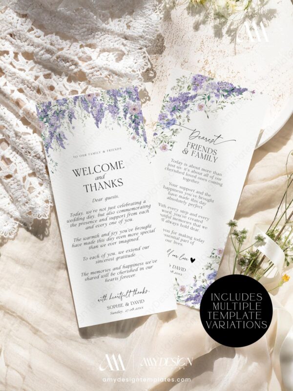 Wisteria Wedding Place Settings Thank You | Purple Menu Napkin Note | Printable Thank You Editable Template