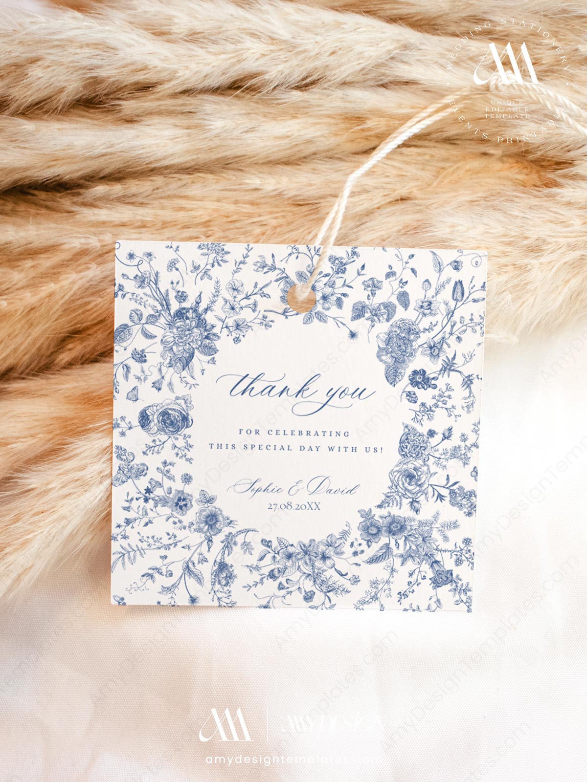 French Toile Floral Favor Tags Editable | Vintage Monogram Thank You Tags Printable