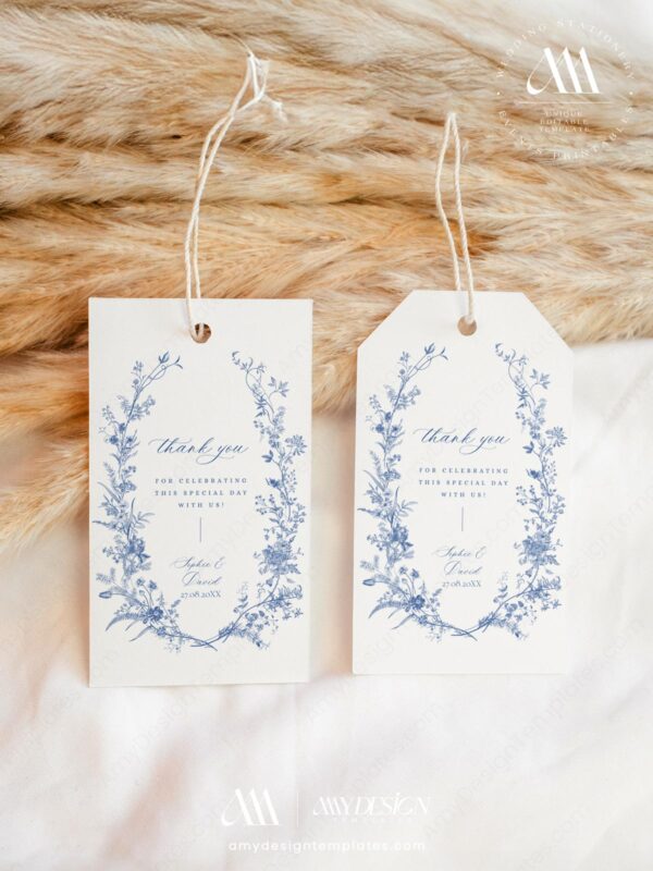 French Toile Floral Favor Tags Editable | Vintage Monogram Thank You Tags Printable