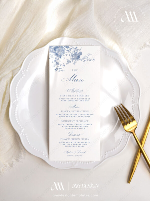 French Toile Wedding Menu Template | Blue Toile Menu Card | Vintage Floral Menu Printable Cards