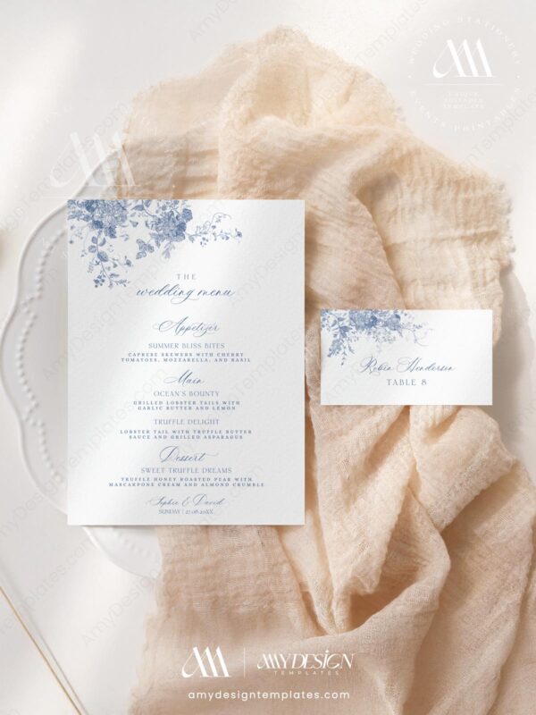 Alternative view of French Toile Wedding Menu Template | Blue Toile Menu Card | Vintage Floral Menu Printable Cards