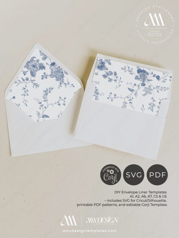 Alternative view of Monogram Envelope Liner Template | DIY Wedding Envelope Liners A7 | SVG File | French Toile Blue Wedding