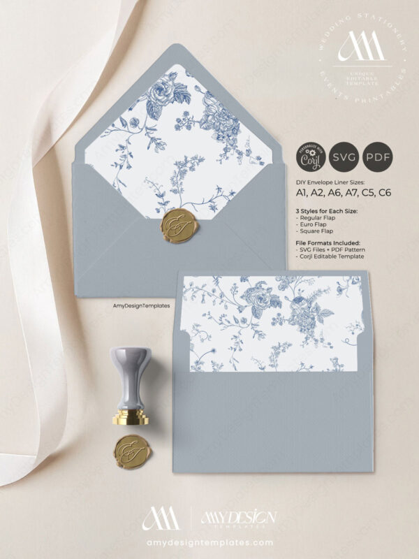 Monogram Envelope Liner Template | DIY Wedding Envelope Liners A7 | SVG File | French Toile Blue Wedding