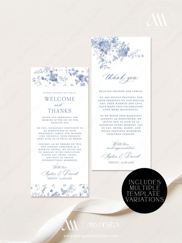 Wedding Monogram Table Thank You Card | Place Setting Thank You Letter | French Toile Blue Wedding Napkin Template
