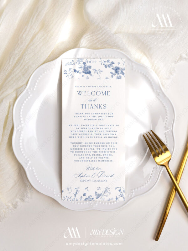 Wedding Monogram Table Thank You Card | Place Setting Thank You Letter | French Toile Blue Wedding Napkin Template