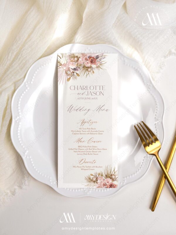 Floral Wedding Menu Template | Dessert Menu Printable | DIY Wedding Menu | Mauve Pink Bohemian
