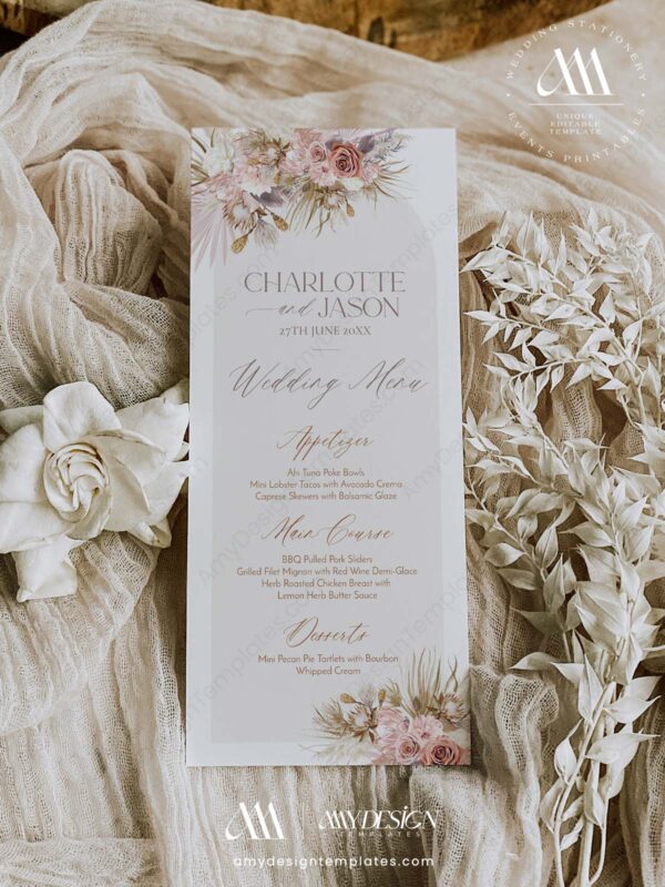 Pink Bohemian Signage Template | Printable Wedding Sign Bundle Floral Wedding Menu Template | Dessert Menu Printable | DIY Wedding Menu | Mauve Pink Bohemian