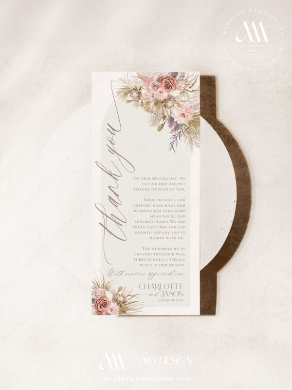 Printable Thank you Place Card Template Download | Modern Boho Wedding Menu Napkin Note | DIY Wedding Table Decor