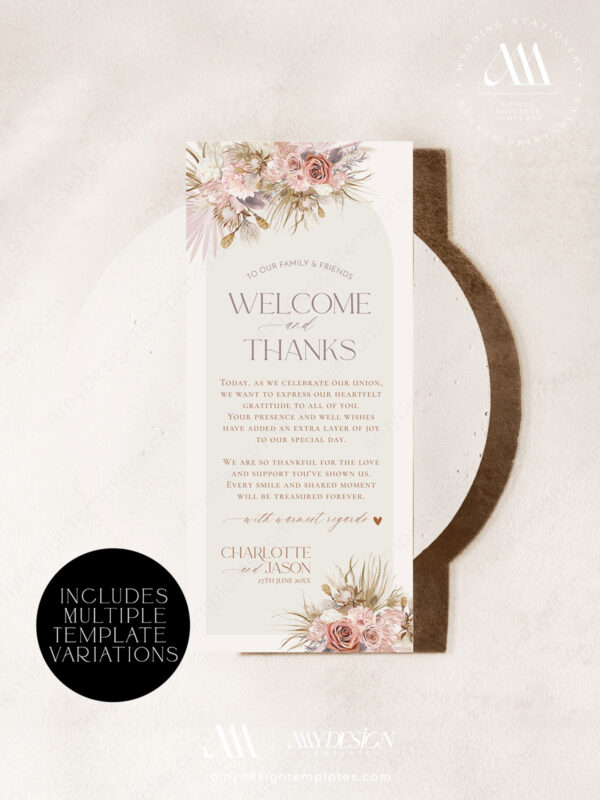 Printable Thank you Place Card Template Download | Modern Boho Wedding Menu Napkin Note | DIY Wedding Table Decor