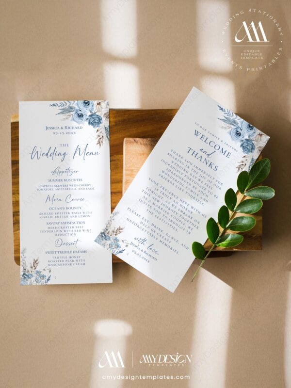 Blue Watercolor Floral Menu Template | Rustic Boho Wedding Menu Template | Menu Editable Printable