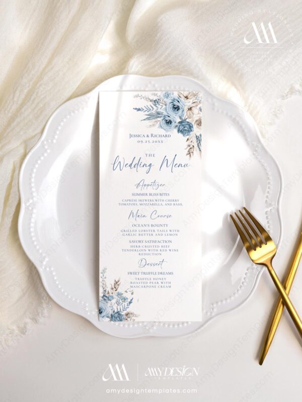 Alternative view of Blue Watercolor Floral Menu Template | Rustic Boho Wedding Menu Template | Menu Editable Printable