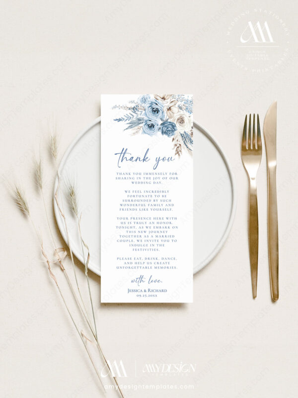 Blue Wedding Napkin Place Setting Menu | Welcome and Thank You Note | Wedding Decor Table Instant Download