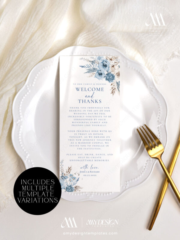 Blue Wedding Napkin Place Setting Menu | Welcome and Thank You Note | Wedding Decor Table Instant Download