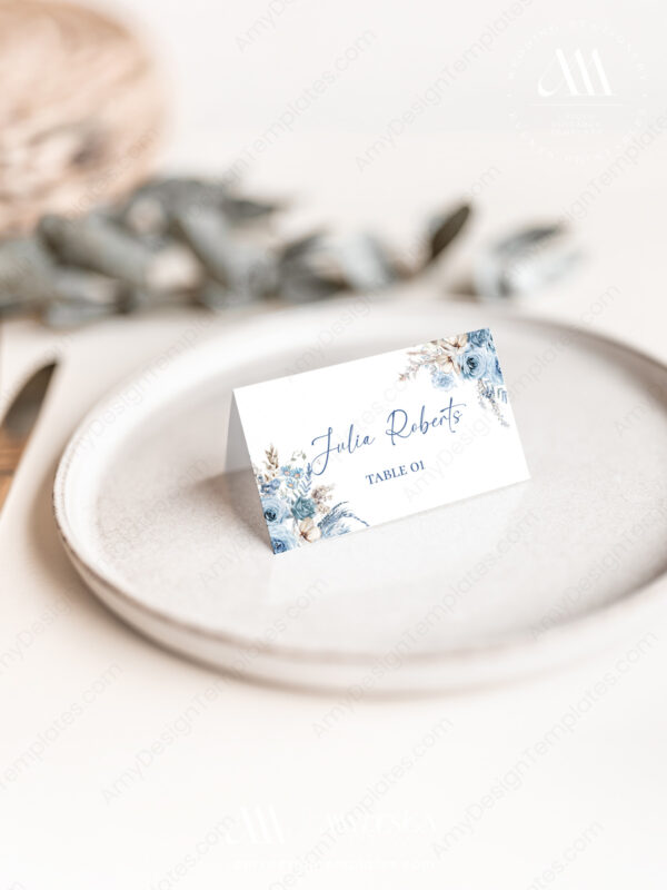Alternative view of Boho Dusty Blue Place Card Template | Editable Wedding Place Cards With Meal Choice Icons