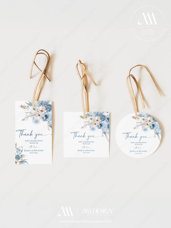 Dusty Blue Wedding Favor Tags Template | Boho Floral Shower Tags Printable