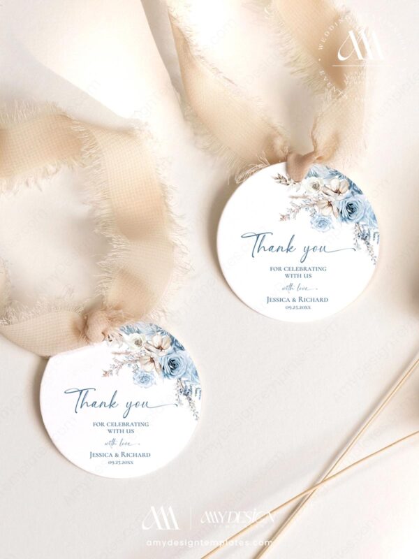 Dusty Blue Wedding Favor Tags Template | Boho Floral Shower Tags Printable