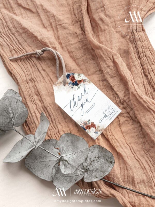 Boho Navy Rust Terracotta Wedding Tags Editable | Bridal Shower Thank You Tags Printable