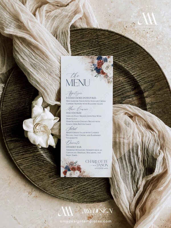 Navy Blue Wedding Menu Template | Rustic Menu Template | Boho Menu Cards | Dessert Menu