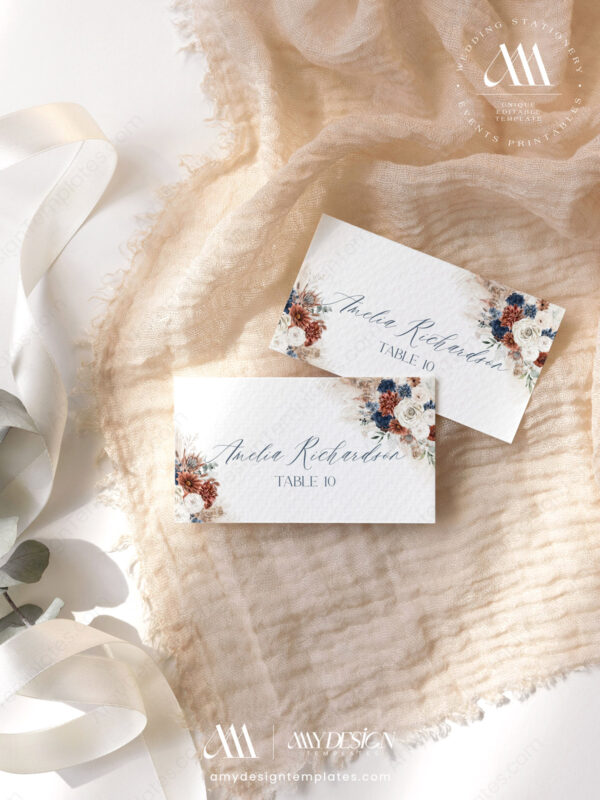 Alternative view of Rustic Navy Blue Wedding Place Cards | Editable Table Seating Card with Meal Icons | Flat And Foldable Placecards